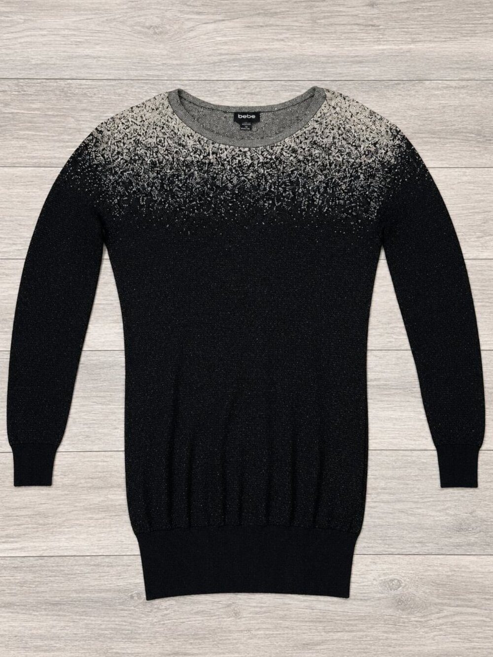 Bebe Black Silver Metallic Ombré Long Sleeve Sweater Tunic Size Large